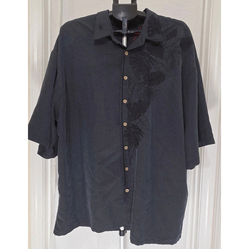 Bamboo Cay Mens 3XL Black Embroidered Tropical Leaf Rayon Button Down Shirt